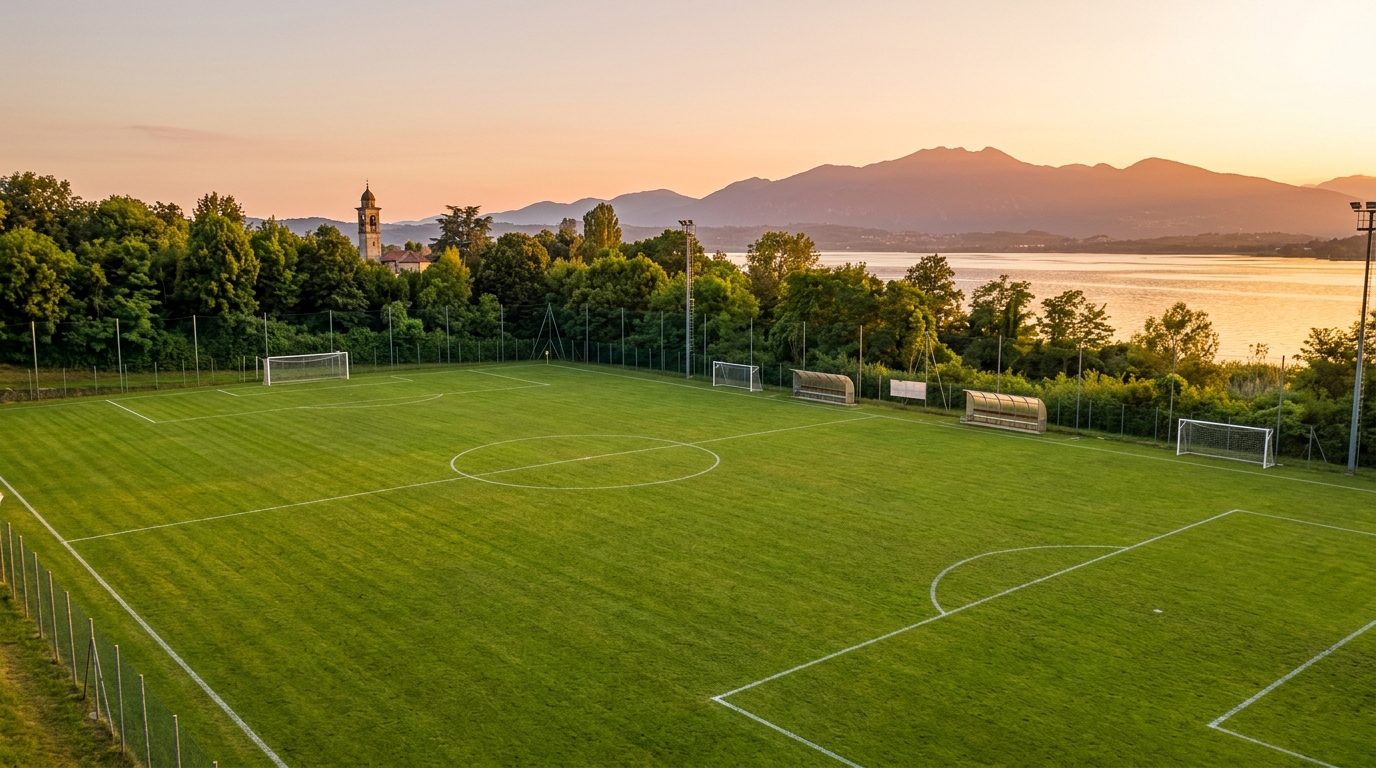 Campo sportivo di Bodio Lomnago con vista lago al tramonto