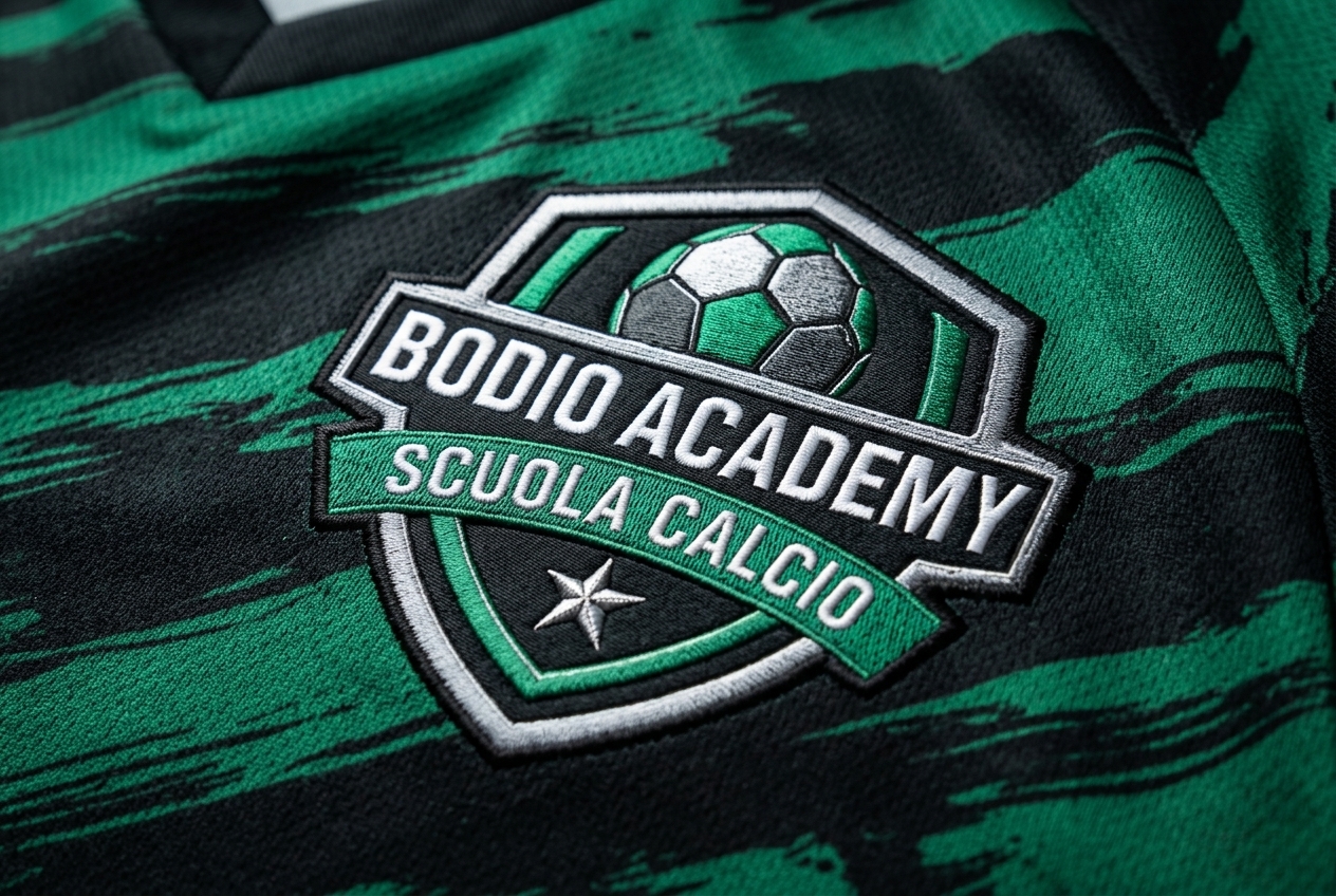 Dettaglio stemma ricamato Bodio Academy su maglia ufficiale nero-verde